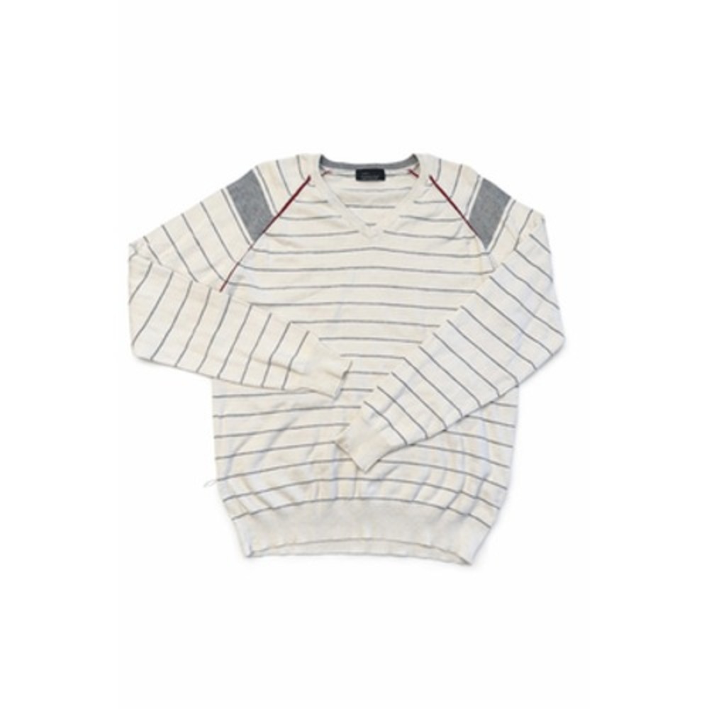 Zara Man Cream Gray Striped V-Neck Sweater Red Piping Raglan Men's XL